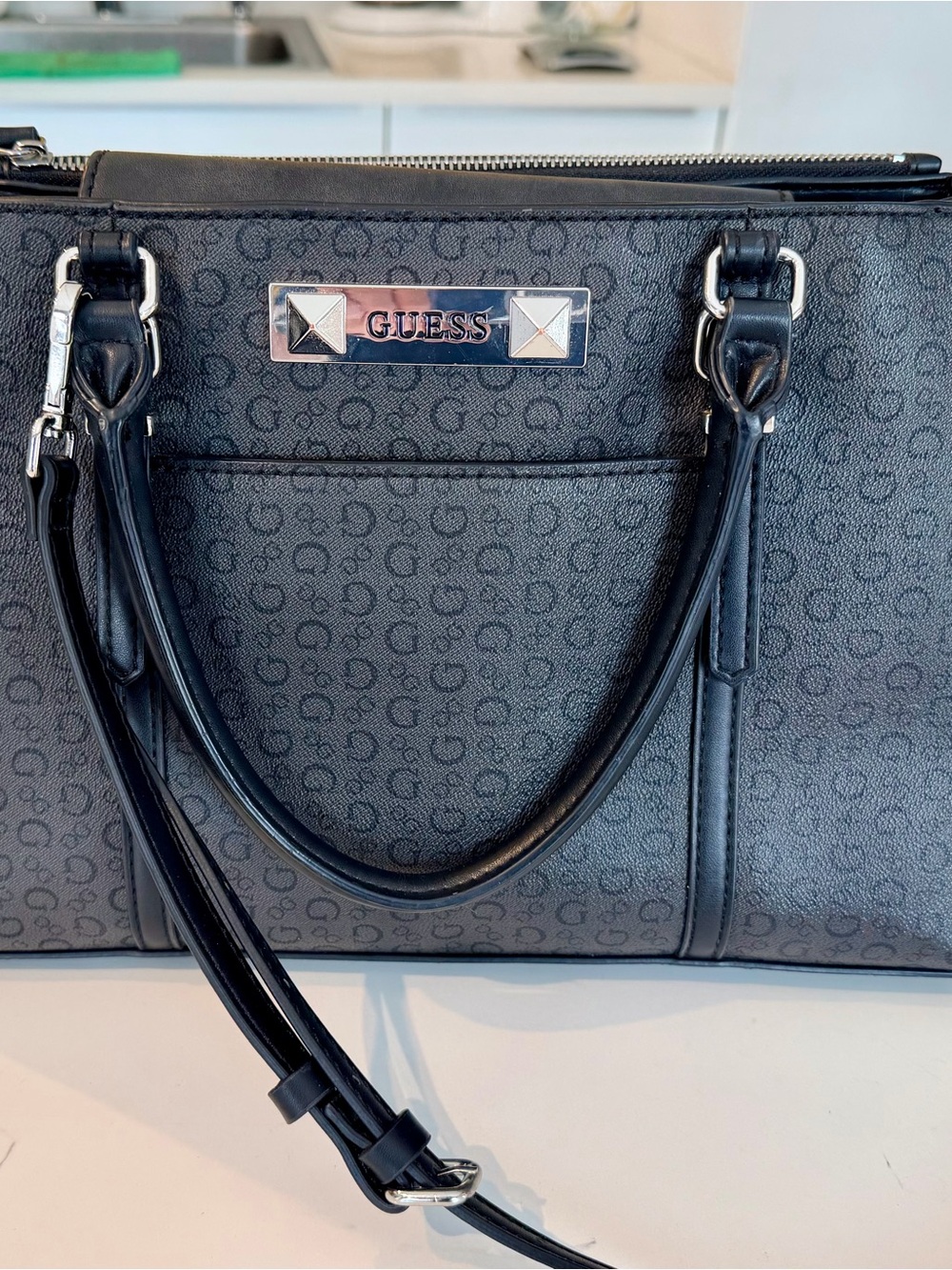 GUESS Black Logo Tote with Silver-Tone Plaque